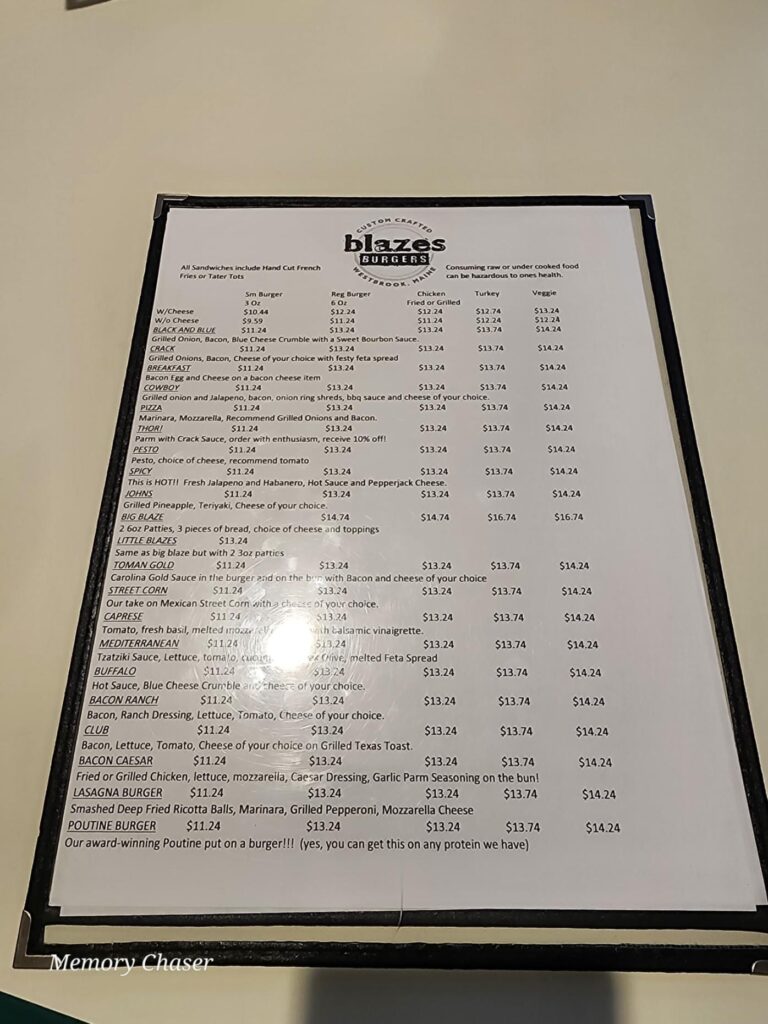 Blazes Burgers Menu 1