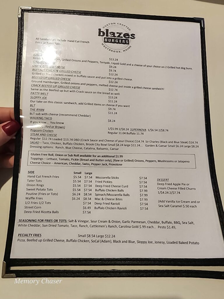 Blazes Burgers Menu 2