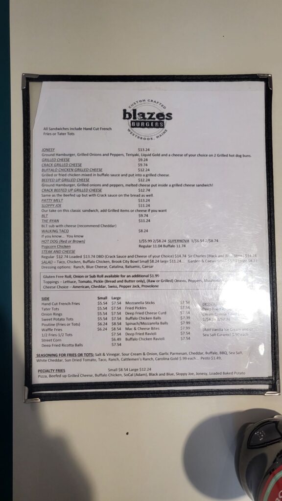 Blazes Burgers Menu 6