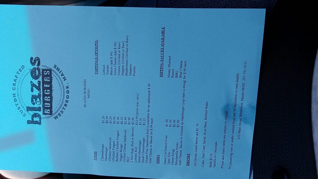 Blazes Burgers Menu 8
